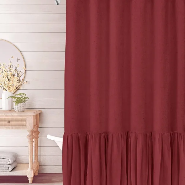 Red Ruffle Supply Linen Lace shower curtain