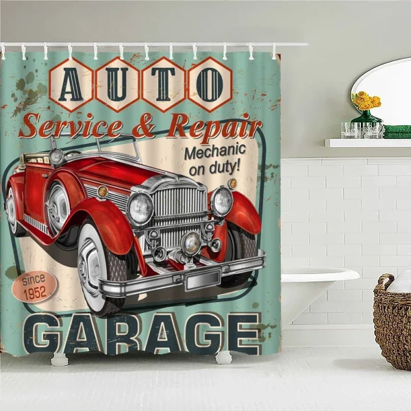 funny retro vintage car garage shower curtain
