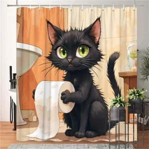Black Cat with Toilet Paper Shower Curtain