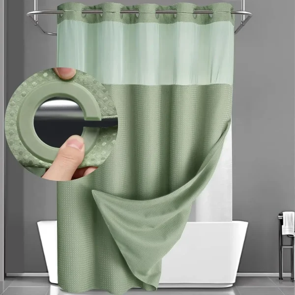 green waffle hookless shower curtain set