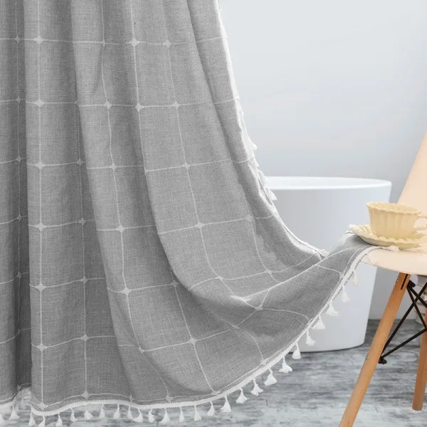 Grey Linen Tassel Shower Curtain detail