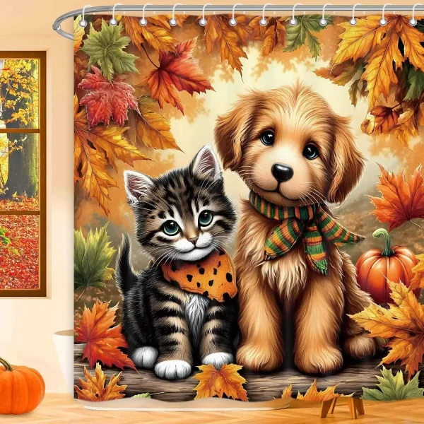 Autumn Cat and Dog Shower Curtain with Hooks