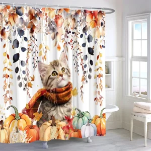 Cute Cat with Pumpkin and Maple Leaves curtain