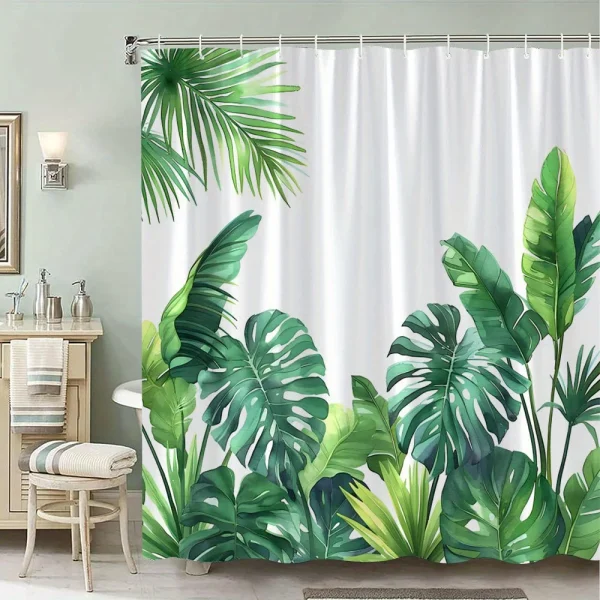 green tropical monstera leaf shower curtain