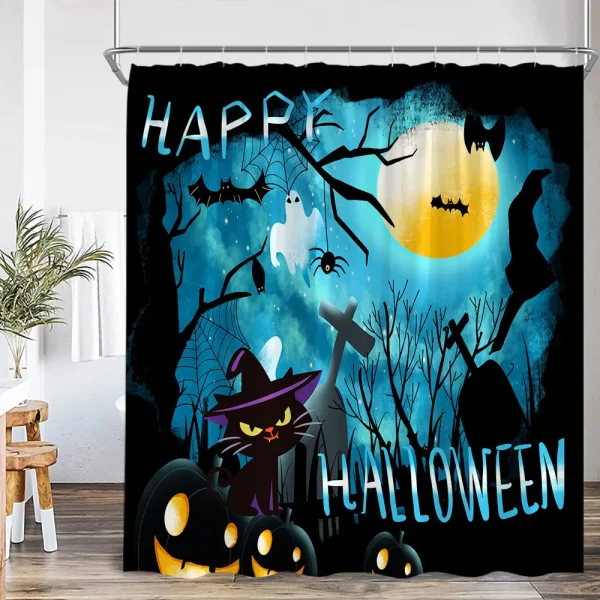 happy halloween black cat shower curtain