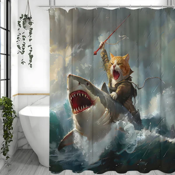 Epic Cat Riding Shark Shower Curtain