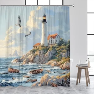 Blue Ocean Lighthouse Boat Seagull Sea Waves curtain