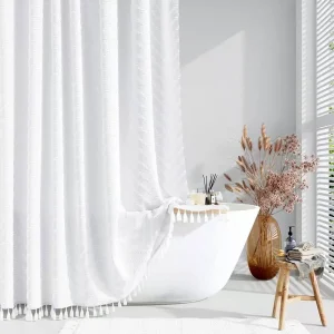 White Textured Tassel Shower Curtain