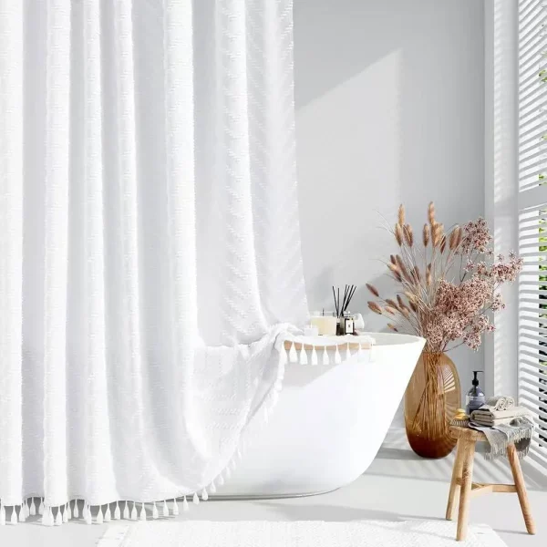 White Textured Tassel Shower Curtain