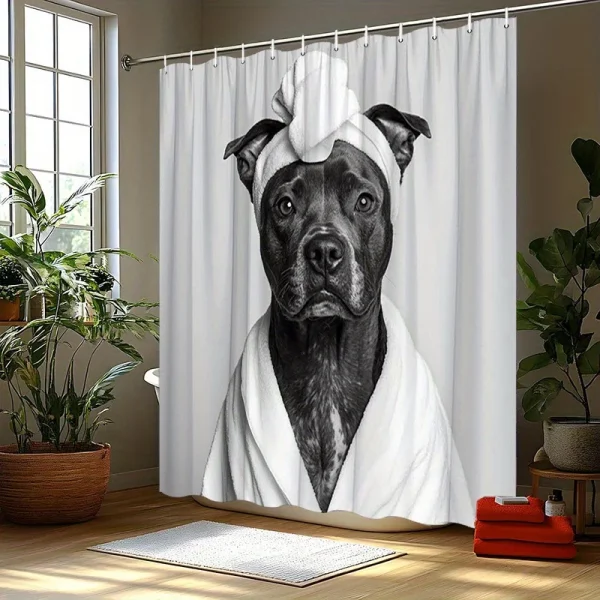dog in bathrobe shower curtain