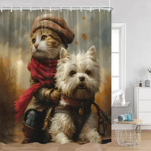 cute cat riding dog shower curtain
