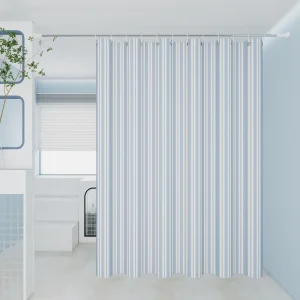 light blue striped shower curtain