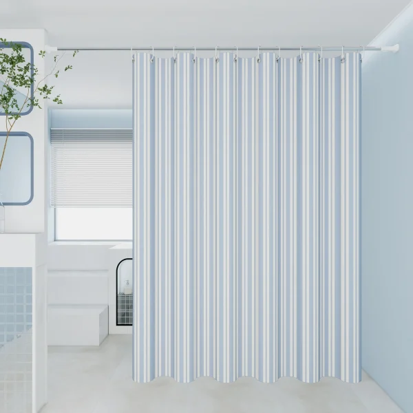 light blue striped shower curtain