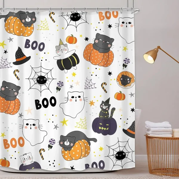 Cute Cats and Ghosts Halloween Shower Curtain