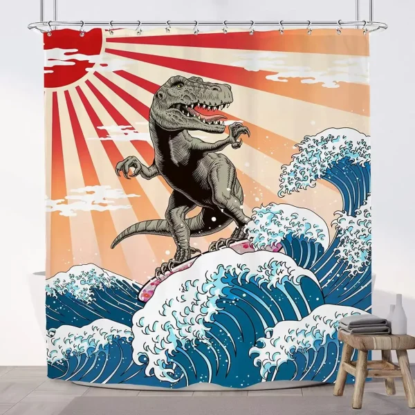surfing dinosaur shower curtain