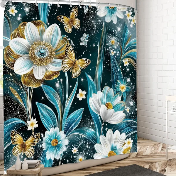 blue teal gold floral shower curtain