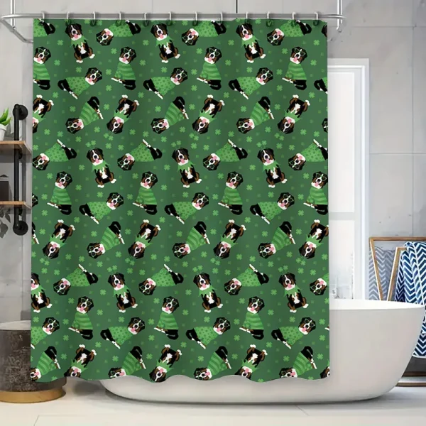 bathroom with green dog print curtain