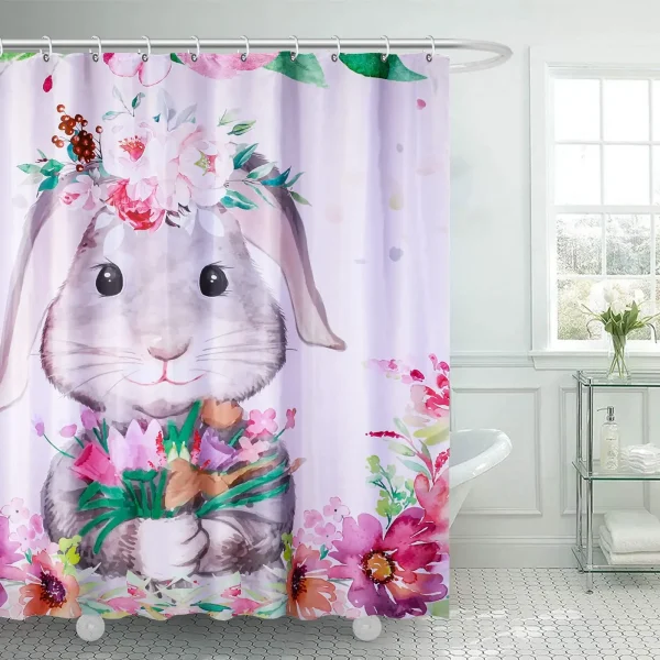 Easter Bunny Shower Curtain with Flowers
