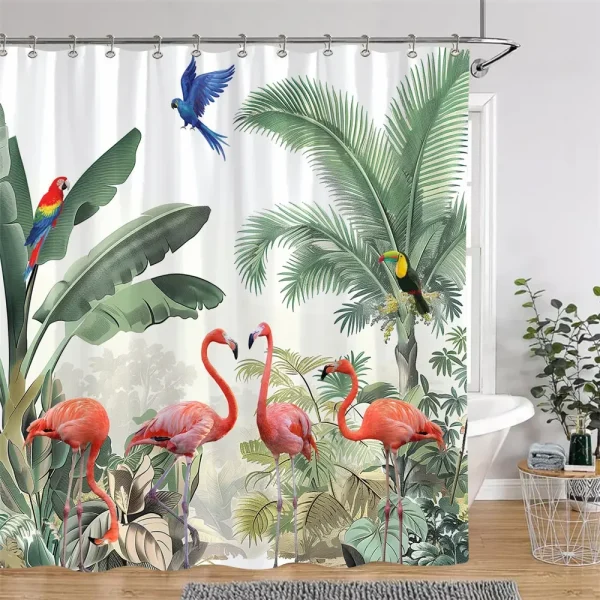 flamingos and tropical birds shower curtain