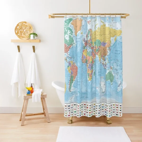 Colorful World Map Shower Curtain with Country Flags