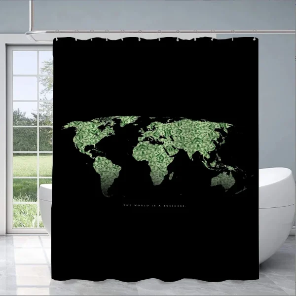 Money World Map Shower Curtain Black & Green