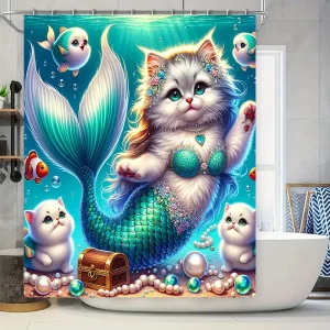 Cute Mermaid Cat Shower Curtain