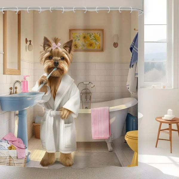 Yorkie Brushing Teeth Shower Curtain vibrant design