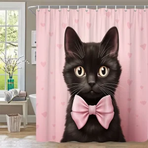 Black Cat with Pink Bow Shower Curtain
