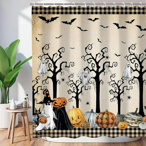 Ghosts and Pumpkins Halloween Shower Curtain with Plaid Trim