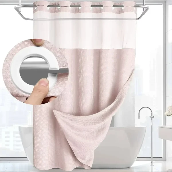 No Hook Pink Shower Curtain Set