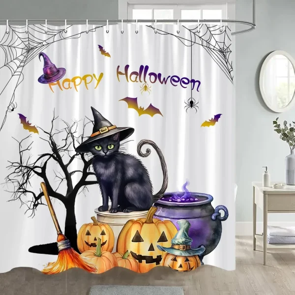 Halloween Black Cat Pumpkin Cauldron Shower Curtain