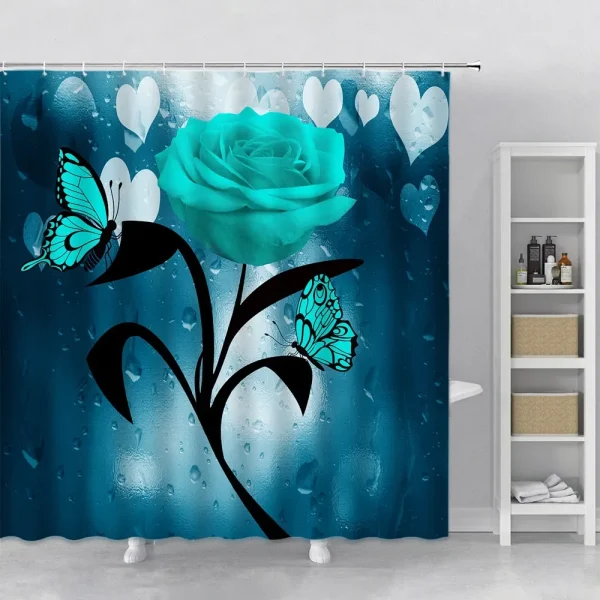 Teal Rose Hearts Shower Curtain