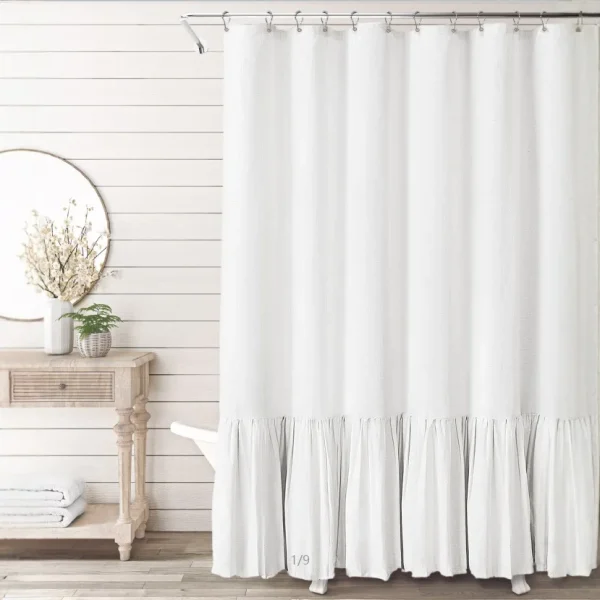 white ruffle hem shower curtain