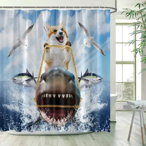 corgi riding shark shower curtain
