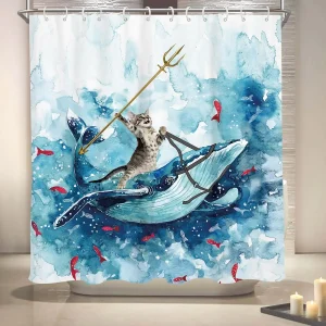 Cat Riding Whale Funny Shower Curtain
