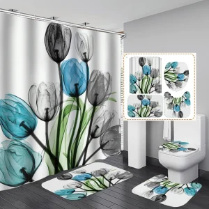 Blue Black and Grey Tulips Shower Curtain