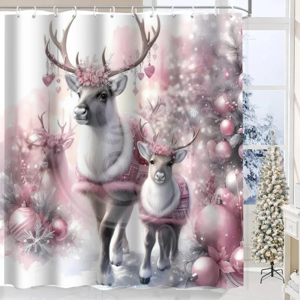 Pink Christmas Reindeer Shower Curtain