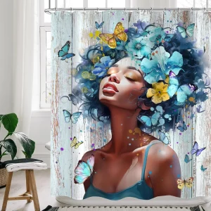 Black Girl Blue Floral Design curtain