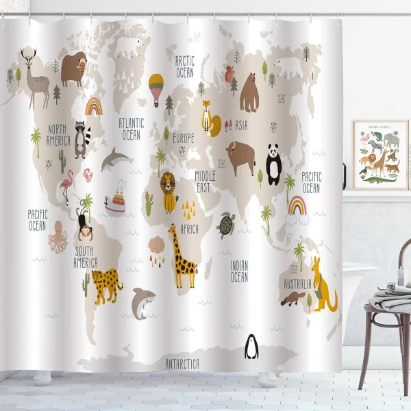 Kids World Map Shower Curtain with Animals