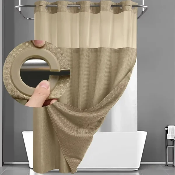 No Hook Brown Shower Curtain Set with Mesh