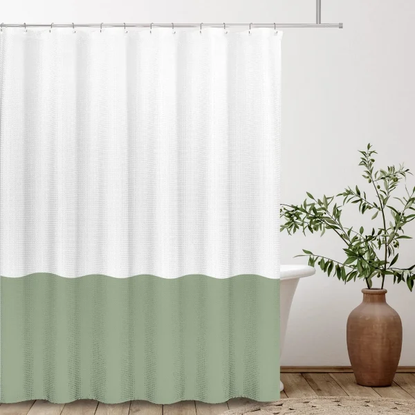 White and Sage Green Waffle Shower Curtain