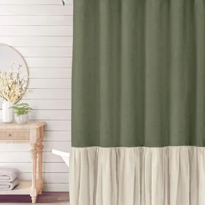 green and beige ruffle supply linen lace shower curtain