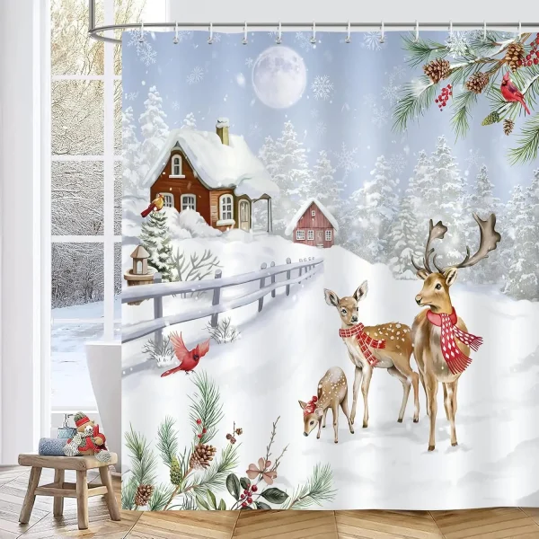 Rustic Christmas Deer & Cabin Shower Curtain