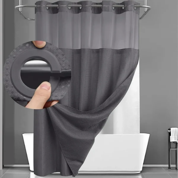 Grey Waffle Hookless Shower Curtain Set Double with Liner